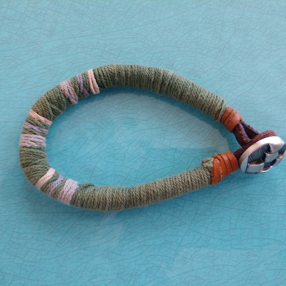 Woven Fabric Bracelet with Leather & Pewter